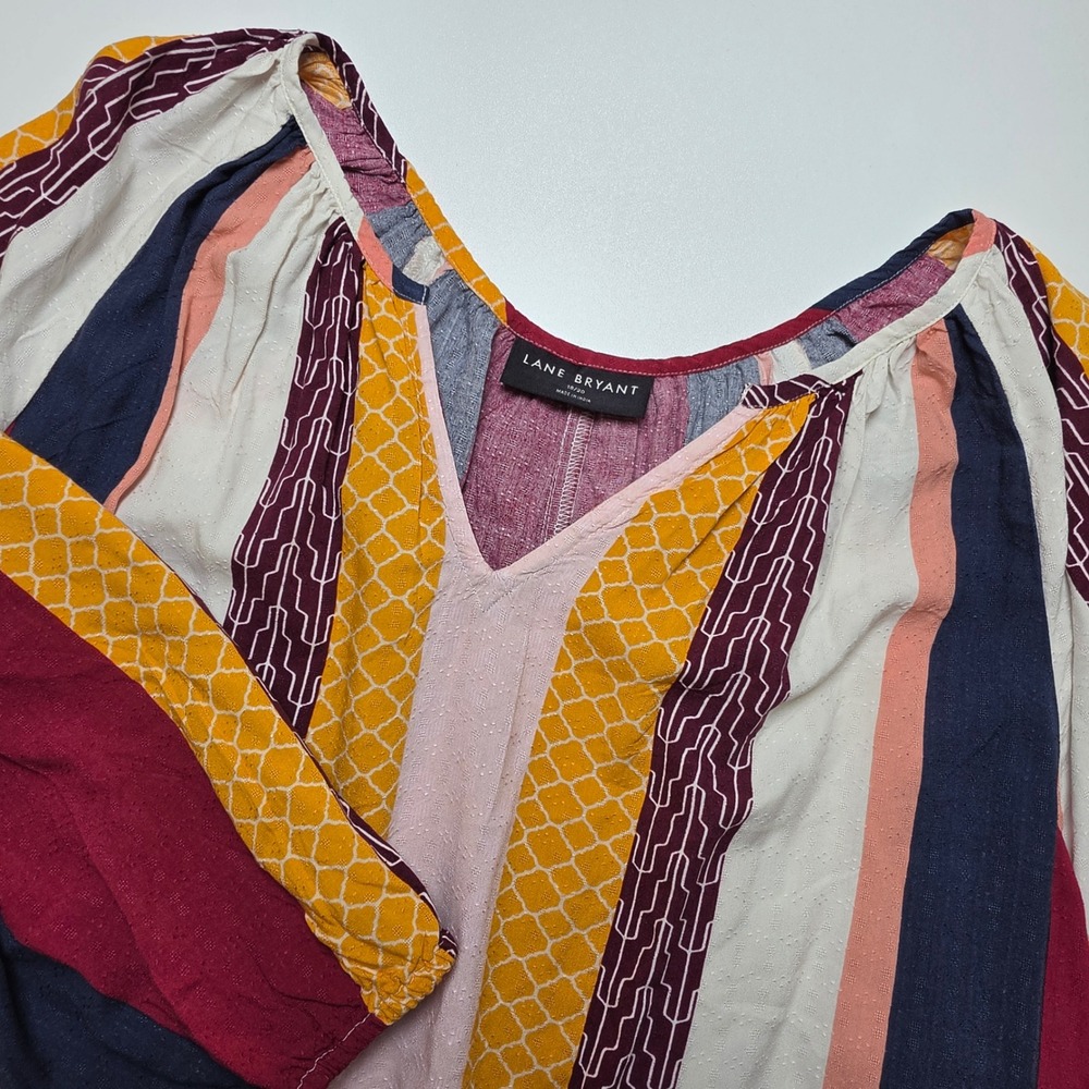 Lane Bryant Womens Plus 18 20 Boho Peasant Top V Neck Striped Viscose Colorful